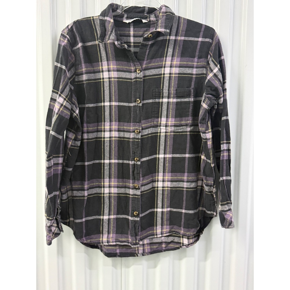 Sonoma Plaid Flannel Shirt Womens L Purple Black Yellow Excellent Cotton Button